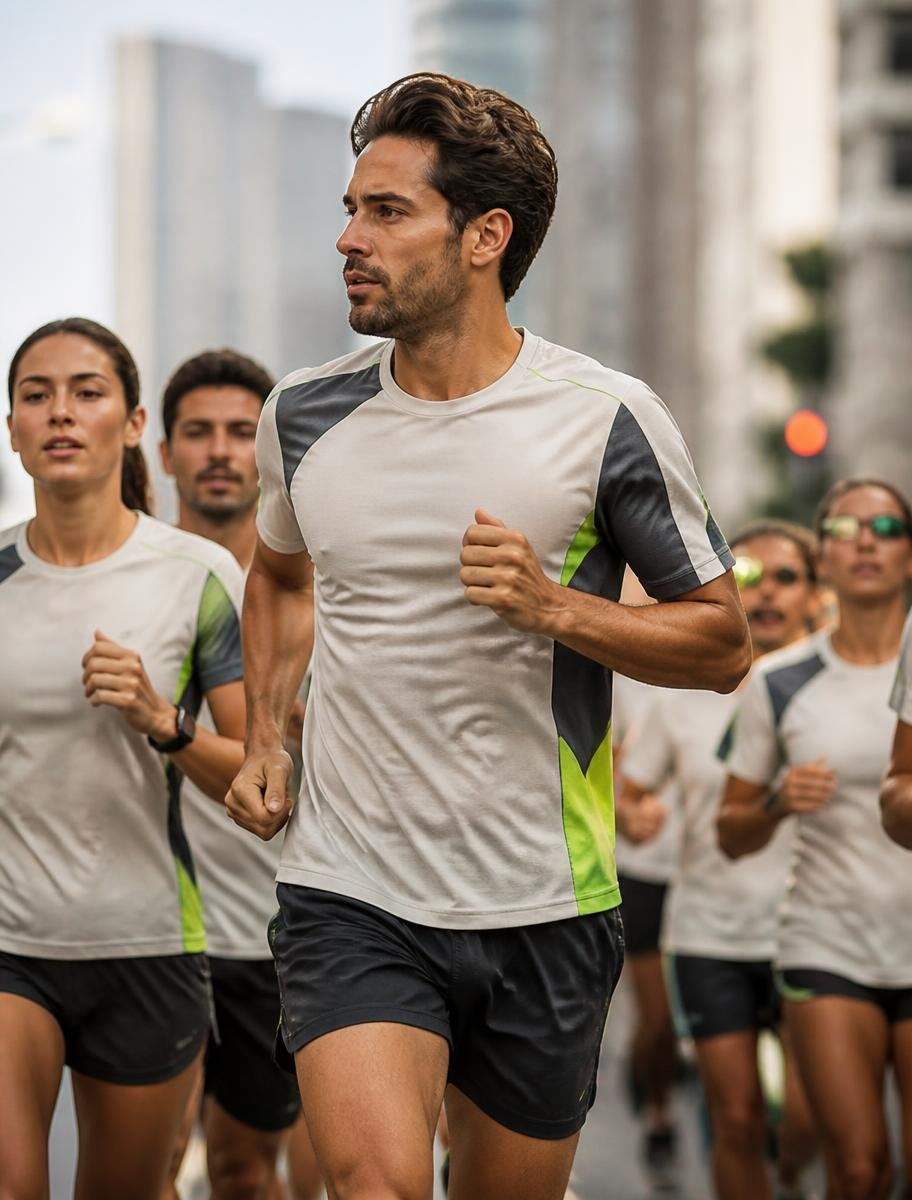 Equipe de corrida com camisetas dry fit